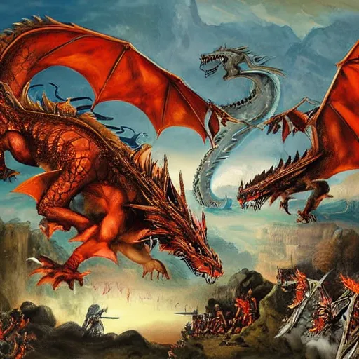 Image similar to dragons, fall of rome, epic painting