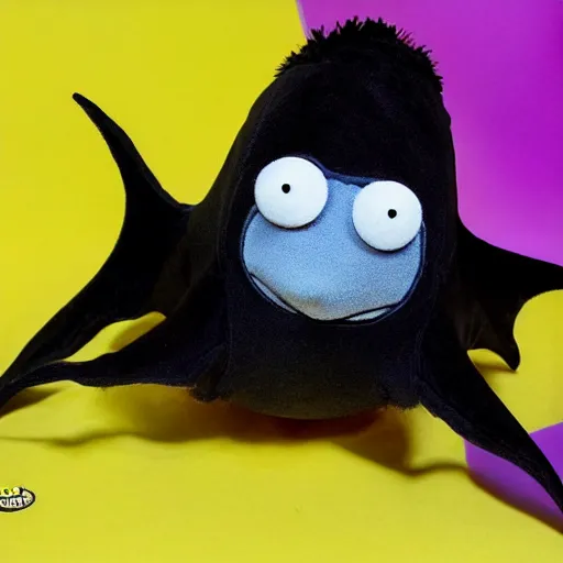 Prompt: a chibi plush goth mantaray muppet, in the style of the muppets, with character design by spongebob the musical on broadway, real, photograph, cinematic