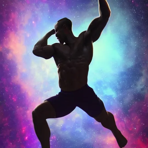 Prompt: athletic man doing a pullup using gymnastic rings, in a cosmic nebula background, dramatic lighting, dramatic digital art trending on artstation