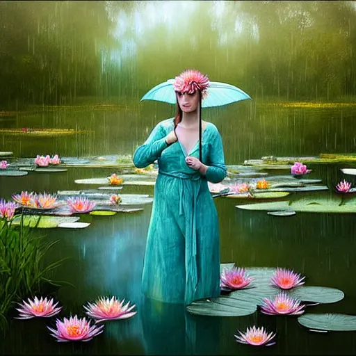 Image similar to light teal portrait in the rain on pond with waterlilies, fantasy, intricate, elegant, dramatic lighting, emotionally evoking symbolic metaphor, highly detailed, lifelike, photorealistic, digital painting, artstation, concept art, smooth, sharp focus, illustration, art by John Collier and Albert Aublet and Krenz Cushart and Artem Demura and Alphonse Mucha