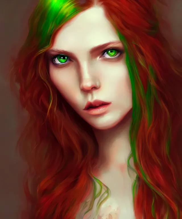 Image similar to Fae teenage girl, portrait, face, long red hair, green highlights, fantasy, intricate, elegant, highly detailed, digital painting, concept art, sharp focus