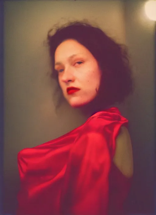 Prompt: extra close-up, color film photography, portrait of beautiful woman in red silk, in style of nan goldin, blue hour, 35mm, film photo