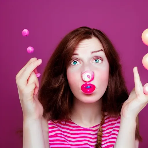 Prompt: Woman with brown hair blowing bubblegum, staring at the camera, eyes wide open, pink background