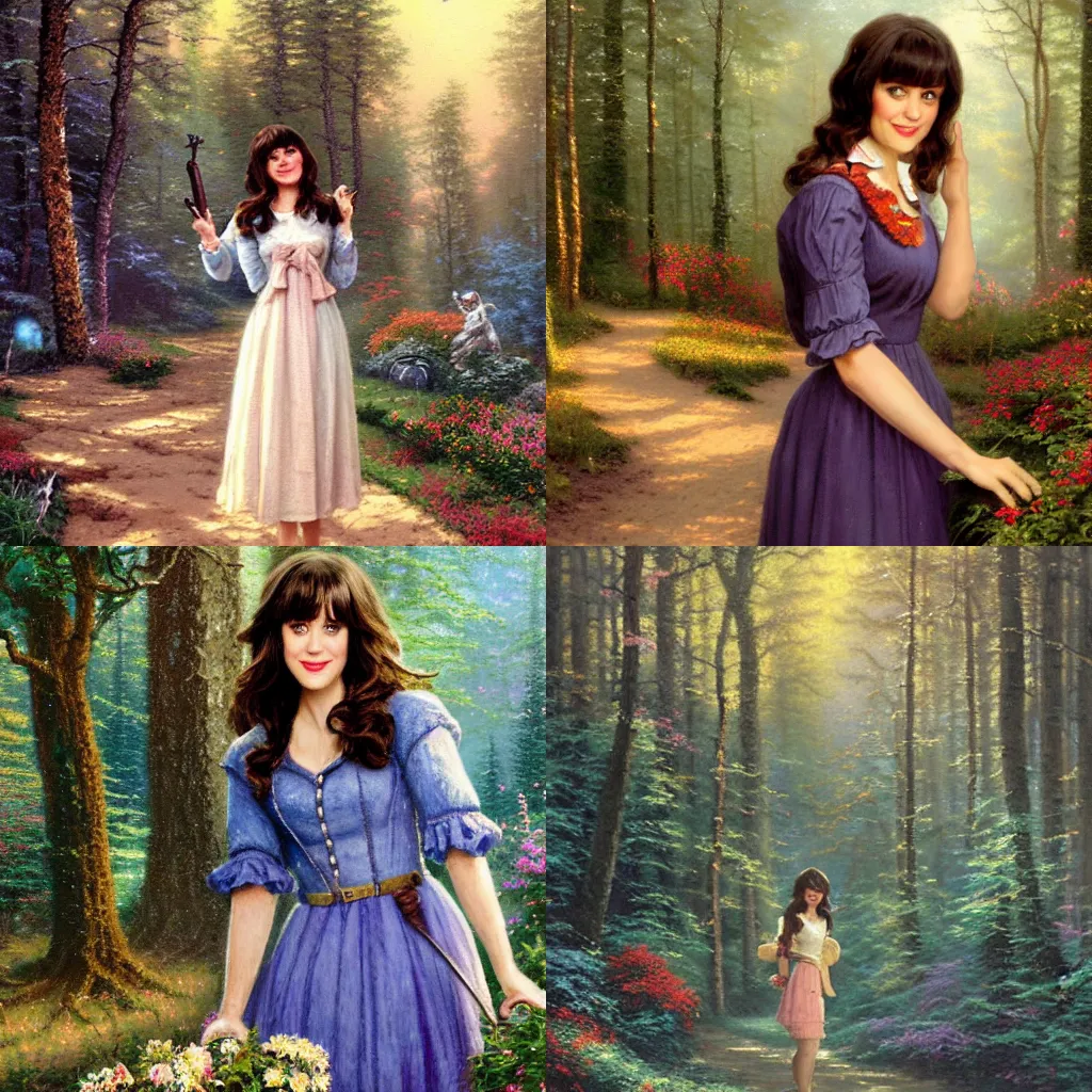 Prompt: thomas kinkade painting of Zooey Deschanel in the woods