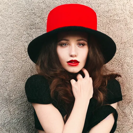 Image similar to fine art portrait photography half - length portrait of stunning girl in a red hat and black dress, kodak portra 4 0 0, 8 k, soft light, volumetric lighting, highly detailed,,