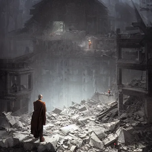 Prompt: a monk standing in the rubble of a smoking building, 8k, sharp high quality artwork in style of Jose Daniel Cabrera Pena and Greg Rutkowski, concept art by Tooth Wu, blizzard warcraft artwork