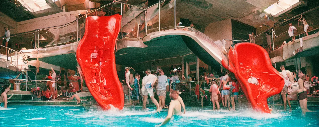 Image similar to a pool filled with spaghetti, marinara sauce coming down a slide, party, canon 5 0 mm, cinematic lighting, photography, retro, film, kodachrome