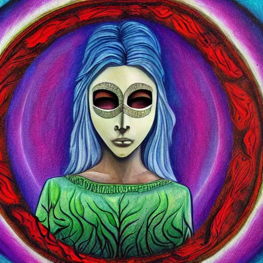 Prompt: Art in the style of Octavia Ocampo, Gaia, Mother Earth, side portrait, mask inside mask