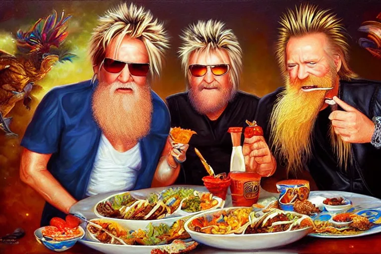 Image similar to rod stewart eating tacos with zz top, an oil painting by ross tran and thomas kincade