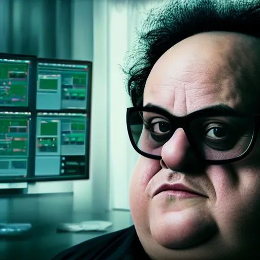 Prompt: obese danny devito as a hacker in the matrix, modelsociety, radiant skin, huge anime eyes, rtx on, perfect face, directed gaze, intricate, contrast correction, sony a 7 r iv, symmetric balance, polarizing filter, photolab, lightroom, 4 k, dolby vision, photography award