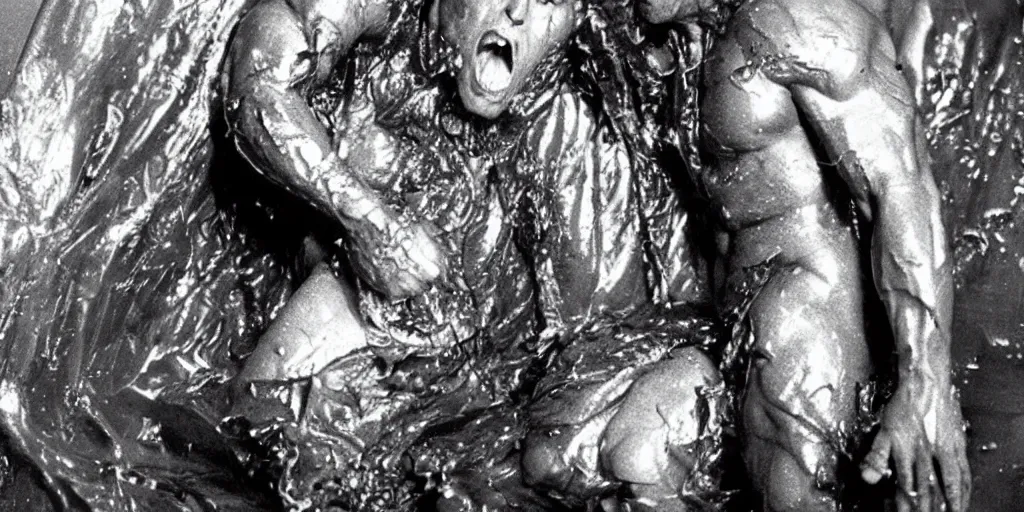 Image similar to 1 9 9 0's wwe publicity photo, a giant muscular man covered in wet reflective slime crawling out of a giant slimy wet cocoon, screaming in agony, inside a secret occult dark evil lab, ultra - detailed, photorealistic