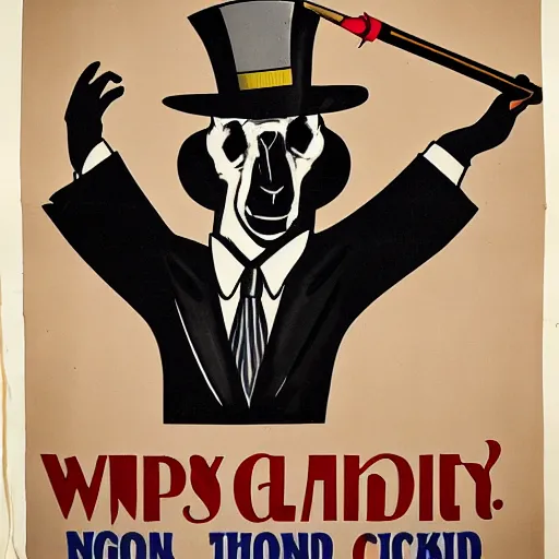 Prompt: a 1 9 3 0's propaganda poster of a goat skull wearing a tuxedo, smoking a cigar, limited color palette, minimalism, no writing,