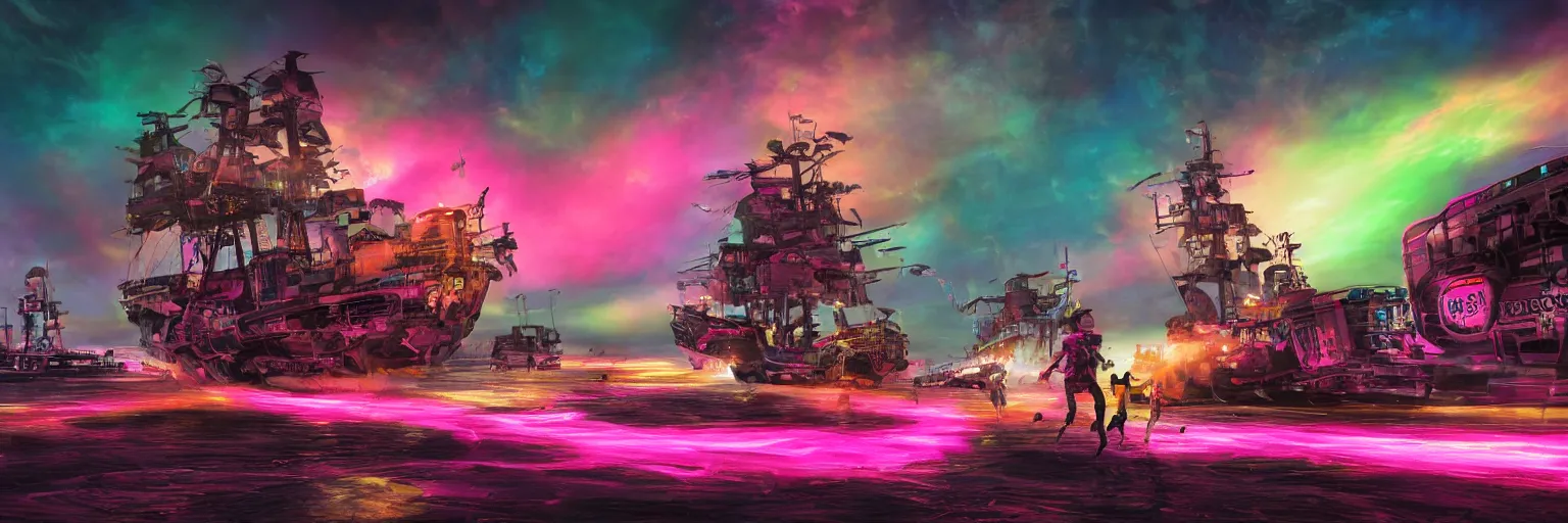 Image similar to spase dogs running with neon mohawks, space, dark, stars, pink, oil painting, pirate neon ship with punks on board, neon, rich deep colors masterpiece, ultra detailed, contrast, lots of roman arches, clouds, sky, volumetric light, atmospheric lighting, dramatic, cinematic, moody, octane render 4 k, 8 k