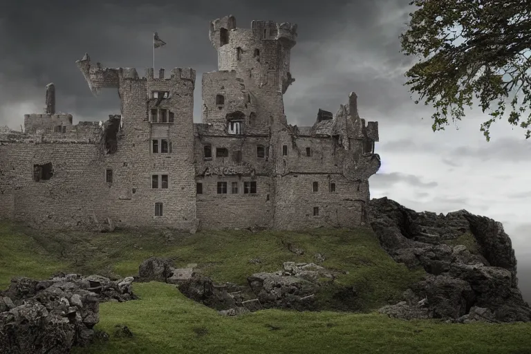 Image similar to The castle was ravaged by a tempest. Photo-realistic UHDR. SuperRes Sharpening. DoP.