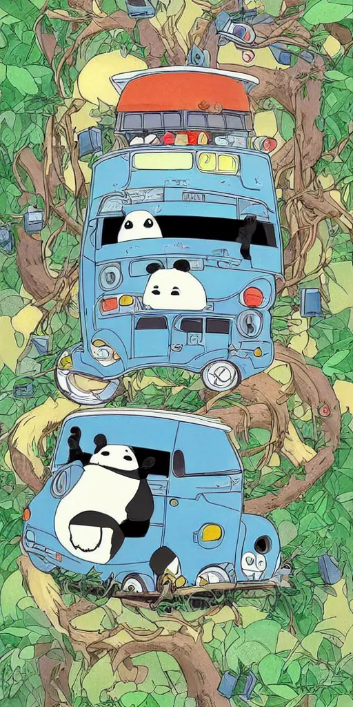 Image similar to a panda bus in like totoro, 1990s anime, full color, tarot card the chariot, highly detailed ,