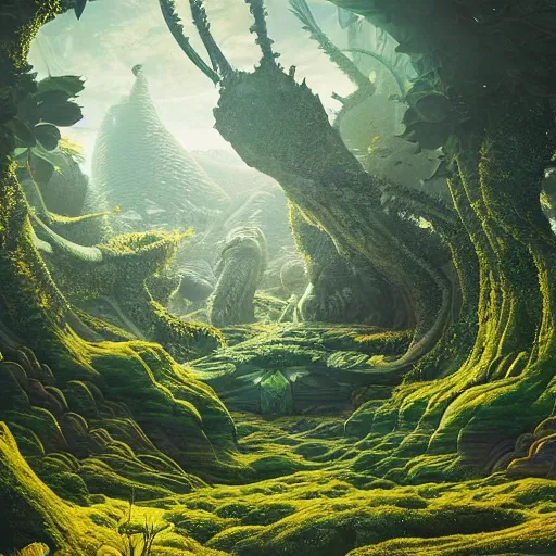 Image similar to alien cinematic geometric lush mirror art, integrated plants landscape geometry 8 k sharp focus sacred by moebius, andreas franke, james christensen, victo nagi, artgerm