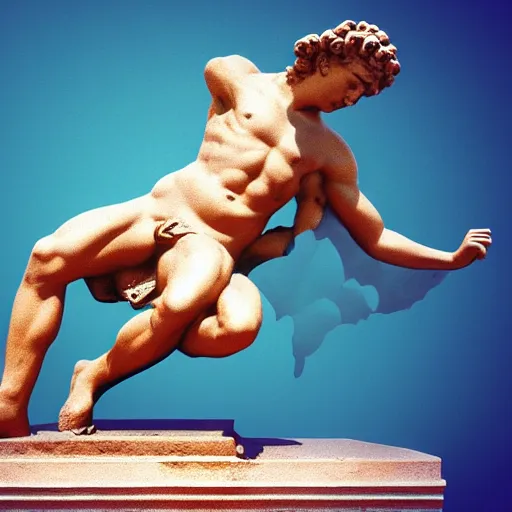 Image similar to vaporwave aesthetic styled greek statue dabbing on a 9 0 s style background, vhs grainy artifacts