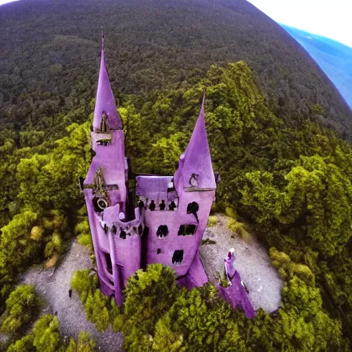 Prompt: dark gothic castle on an high mountain near the ocean. gradient purple sky. aerial photography, flintlock fantasy