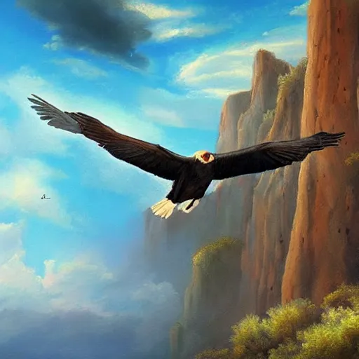 Image similar to a beautiful painting of a condor flying in the sky, matte painting, fantasy art