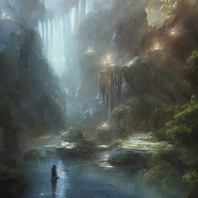 Prompt: the delicate opal palace overlooks the gentle stream. oil painting by the award - winning concept artist