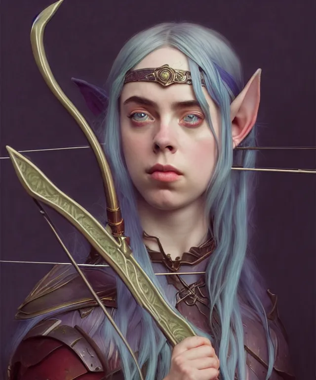 Image similar to Billie Eilish as a fantasy elf with a bow and arrow, portrait, fantasy, intricate, elegant, highly detailed, digital painting, artstation, concept art, smooth, sharp focus, illustration, art by artgerm and greg rutkowski and alphonse mucha