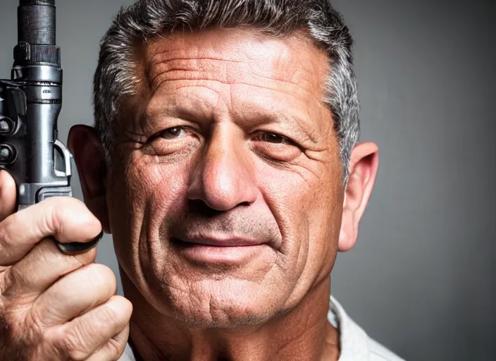 Prompt: studio portrait photo still of fred ward!!!!!!!! at age 5 3 years old 5 3 years of age!!!!!!! holding a revolver, 8 k, 8 5 mm f 1. 8, studio lighting, rim light, right side key light