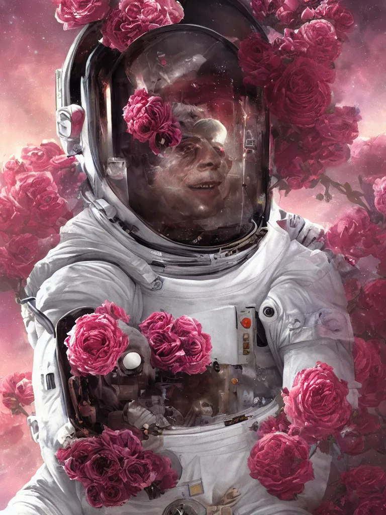 Prompt: portrait of an astronaut in a dreamy sea of roses on the moon, cgsociety, high resolution, trending on art - station