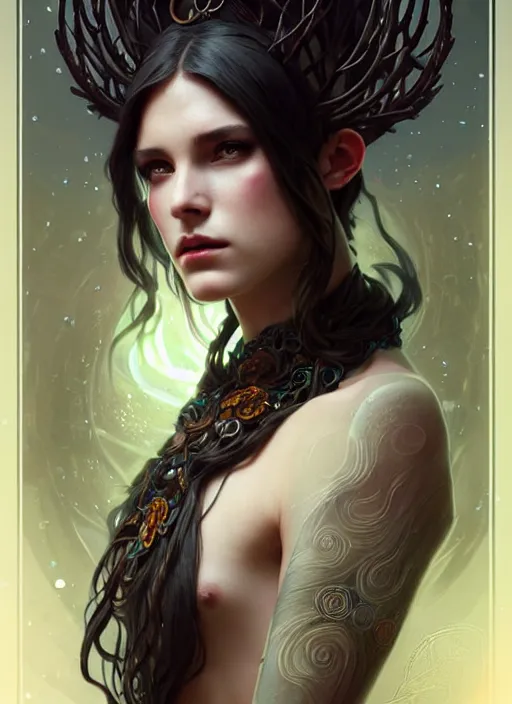 Image similar to a beautiful cinematic female druid goddess, galatic shamen with Quantum energy fantasy, fantasy magic, undercut hairstyle, dark light night, intricate, elegant, sharp focus, illustration, highly detailed, digital painting, concept art, matte, art by WLOP and Artgerm and Greg Rutkowski and Alphonse Mucha, masterpiece