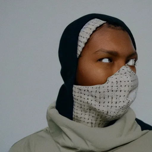 Image similar to realistic! photoshoot for a new the north face lookbook, color film photography, portrait of a beautiful woman wearing a balaclava mask, photo in style of tyler mitchell, 35mm lens