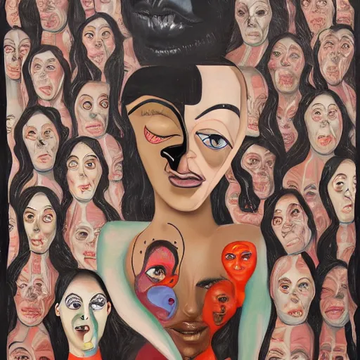 Image similar to grotesque portrait of kim kardashian painted by george condo, intricate, multiple faces, dark, highly detailed, oil on canvas, terrifying, brilliantly colored, 8 k