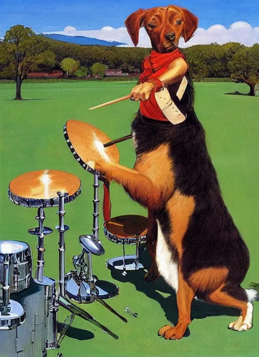 Image similar to dog playing drums, looking at a girl, large scale painting by robert mccall and vladimir kush