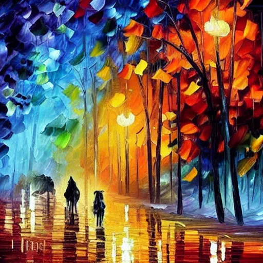 Image similar to “wolves hunting people, style of Leonid afremov”