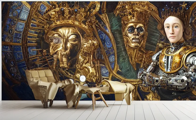 Image similar to beautifully painted mural of a mechanical cyborg king in ornate royal metallic fabric sitting in his royal throne room, piercing glowing eyes, sci fi scenery, fantasy setting, mural in the style of sandro botticelli, caravaggio, albrecth durer