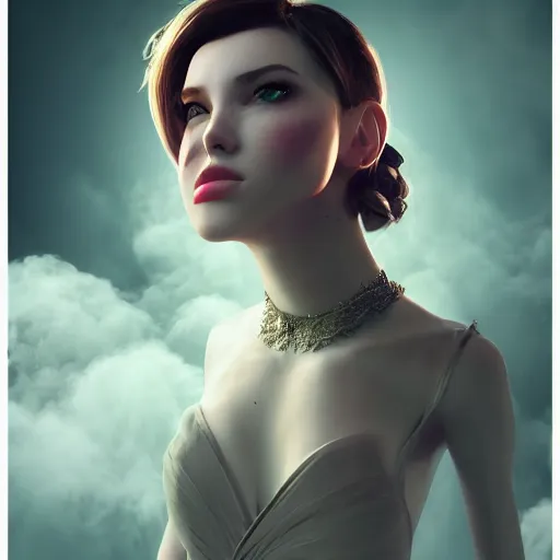 Image similar to beautiful girl in full gown blowing clouds, portrait character concept style trending on artstation concept art detailed octane render cinematic photo - realistic 8 k high detailed