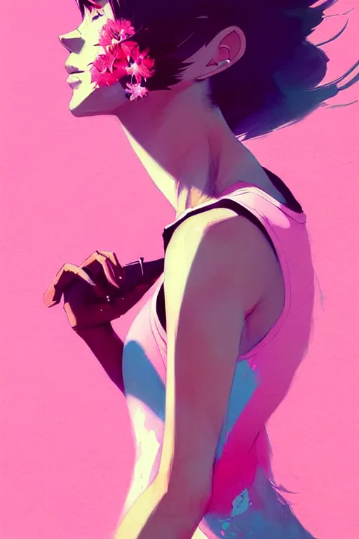 Image similar to a ultradetailed beautiful painting of a stylish woman in a pink tank top, by conrad roset, greg rutkowski and makoto shinkai trending on artstation