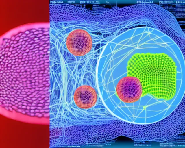 Prompt: a scientific diagram of biological nanotechnology constructed of cells, organelles, wires, and computer chips