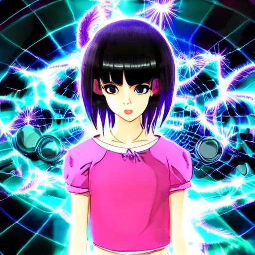 Image similar to Manga cover portrait of an extremely cute and adorable beautiful afrofuturism ASMR anime Selena Gomez with mesmerizing piercing eyes and a black bobcut hairstyle playing Dance Dance Revolution, with a flashy modern background with black stripes, 3d render diorama by Hayao Miyazaki, official Studio Ghibli still, color graflex macro photograph, Pixiv