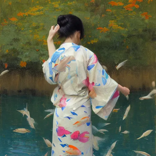 Image similar to girl in kimono, koi fish flying around her, jeremy lipking, joseph todorovitch