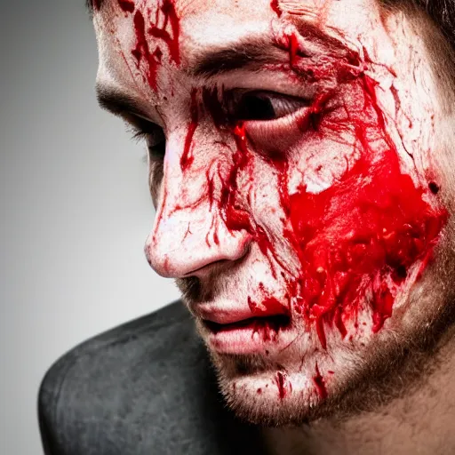 Image similar to torn off skin of man's face blood is everywhere