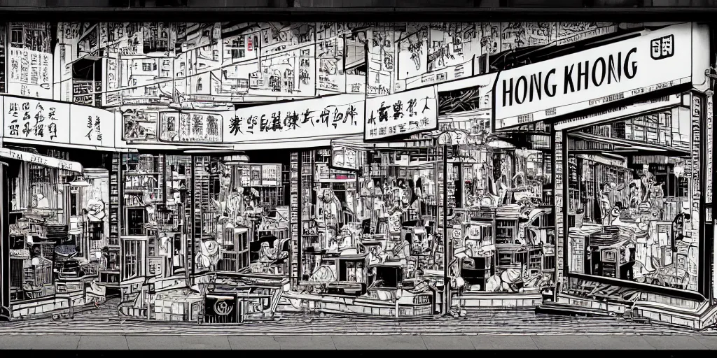 Image similar to a shop window in hong kong, by dan mumford and peter doig and edward hopper, minimal, black ink, thick lines, highly detailed, muted colours, overlaid with chinese adverts, 8 k