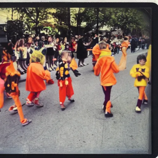 Image similar to a vivid, colorful polaroid photograph of kids in Halloween costumes marching in a parade