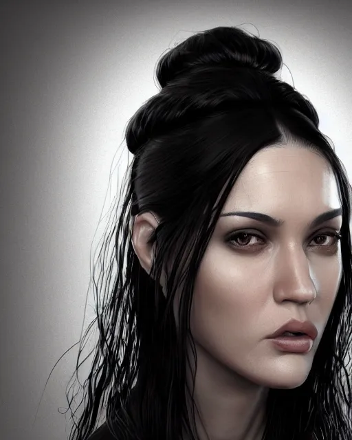 Image similar to portrait of a tall 4 0 - year - old woman with thin lips, long, lush black hair gathered on the head bun, and thick eyebrows, haughty facial expression, wearing in black clothes, aristocratic appearance, hyper realistic face, beautiful eyes, character art, art by mark brooks, hyperdetailed, cryengine, trending on artstation, digital art