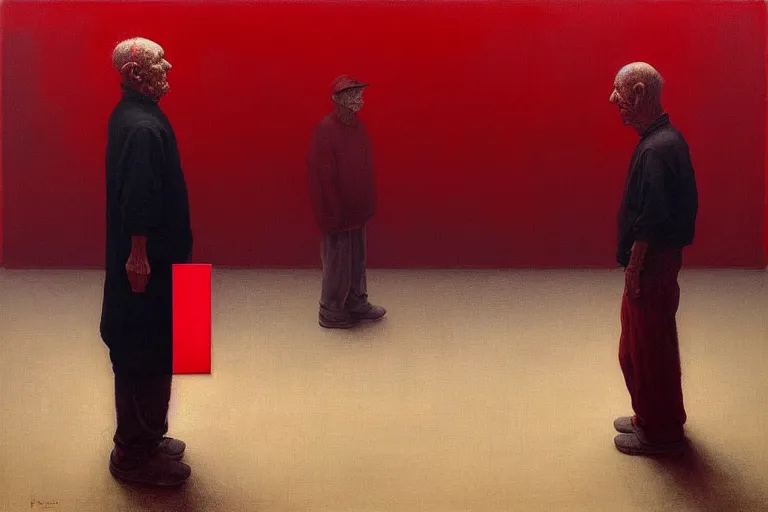 Prompt: only with red, a red old man try to sell a portrait, in a square, crowd goes crazy, in the style of beksinski, parts by edward hopper, parts by rodcenko, parts by yue minjun, intricate and epic composition, red by caravaggio, insanely quality, highly detailed, masterpiece, red light, artstation, 4 k