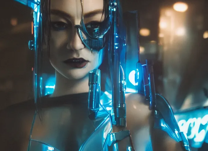 Image similar to a close - up of cyberpunk european man women with black eyes and pretty face wearing latex catsuit and lots of transparent and cellophane accessories, blue hour, twilight, cool, unsettling set design with extreme detail, moody cinematography, crisp, by mayumi hosokura