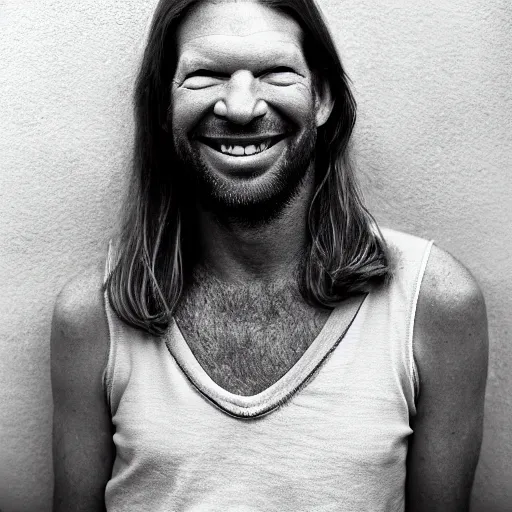 Image similar to Aphex Twin smiling, sunny day, award winning photo,