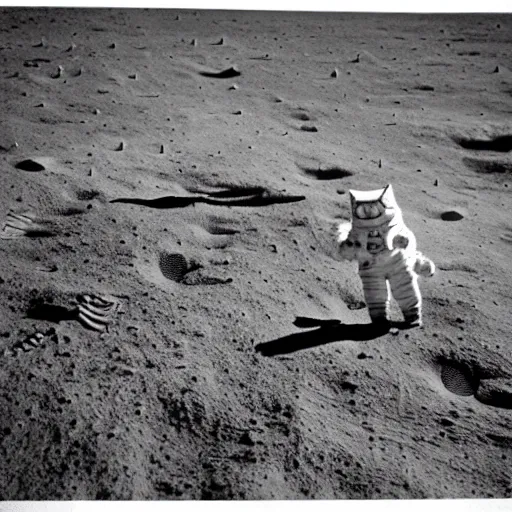 Image similar to A photo of a cat's first step on the Moon, 1969, Apollo 11 mission, old camera