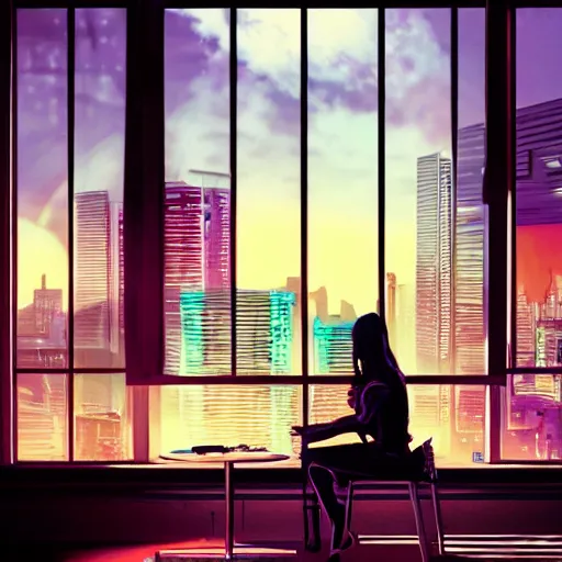 Prompt: synthwave cluttered living room wide shot cyberpunk high tech, cool girl sitting at table, through the window is a cityscape, dramatic lighting, music by vangelis