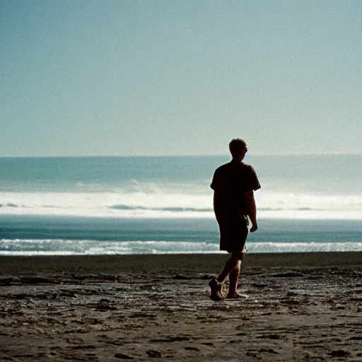 Prompt: a film photo of a man, athletic, walking on beach in Oregon, facing camera, Kodak gold 200 film