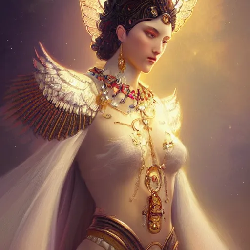 Image similar to A beautiful digital painting of a female Seraphim full of jewels, princess, the moon behind her, intricate, cinematic lighting, highly detailed, digital painting, Artstation, concept art, smooth, sharp focus, illustration, art by Tom Bagshaw, Artgerm and Greg Rutkowski