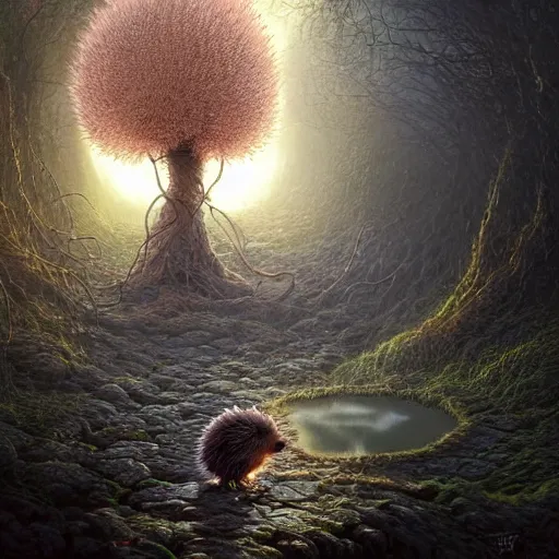 Image similar to lonely hedgehog tree opalescent walkway quantum digital art matte painting hyper realism sharp focus intricate details by tomasz alen kopera, victo ngai, greg rutkowski, tim white, beksinski, artgerm, paul lehr, andreas rocha